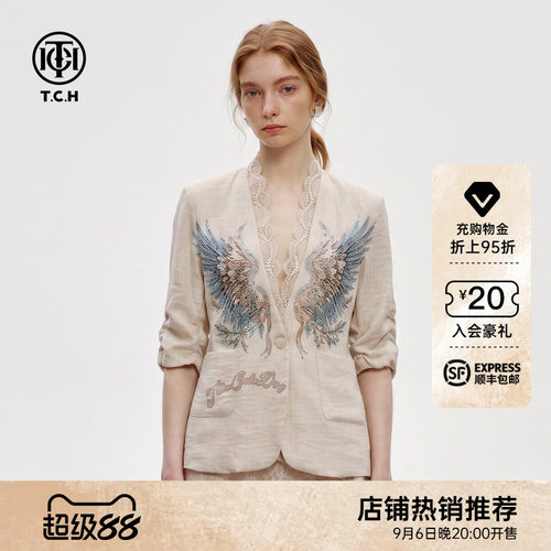翅膀烫钻花边V领亚麻西装外套女
