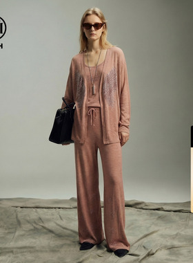 TCH温柔烫钻亚麻针织套装女针织开衫背心阔腿裤三件套T78B07E1002