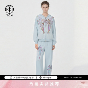 蓝色套装 T78A07E1096 外套女直筒针织裤 TCH烫钻蝶翼宽松连帽拉链衫