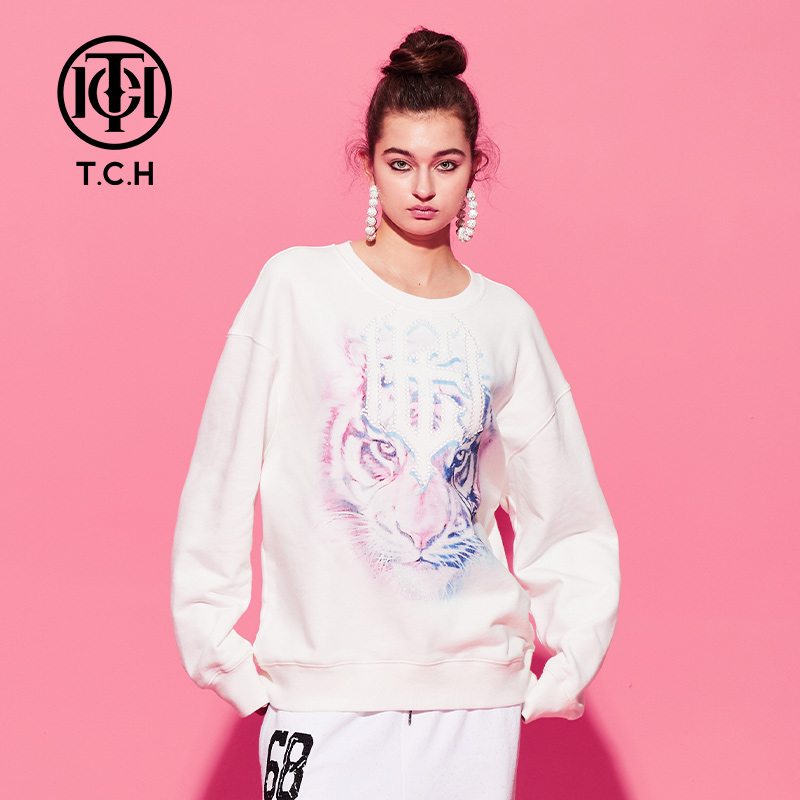 TCH白色宽松轻奢潮牌烫钻