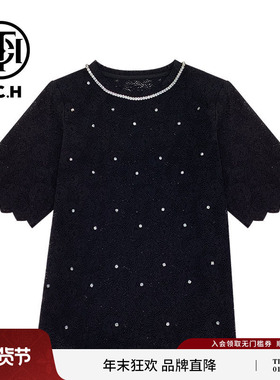 TCH 新中式系列烫钻新中式时尚黑色蕾丝珍珠短袖T恤女T72B10E9082