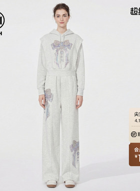 TCH烫钻蝴蝶结时尚设计感灰色连帽卫衣休闲裤套装女T78A07E1119