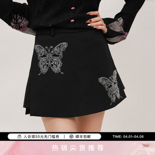 TCH灵动蝴蝶烫钻黑色裙裤 新款 遮肉显瘦短裤 T75C21E1012 女2025春季