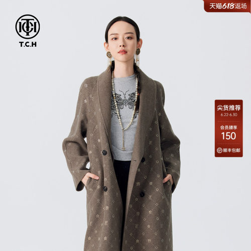 TCH潮牌烫钻LOGO简约气质百搭山羊绒长款毛呢大衣女秋冬新款