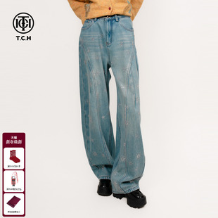TCH雪花流星烫钻弯刀加绒阔腿显瘦牛仔裤 T75D20E1062 女2025秋冬款