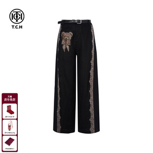 女T75B20E5078 百搭休闲长裤 TCH私服烫钻亚麻宽松阔腿显瘦薄款 时尚