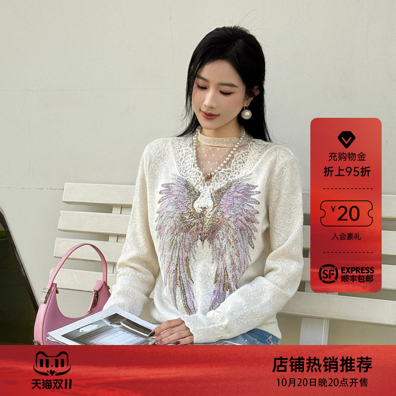 TCH天使之翼烫钻米白色蕾丝拼接高领纯欲打底针织衫女T78A09E1061