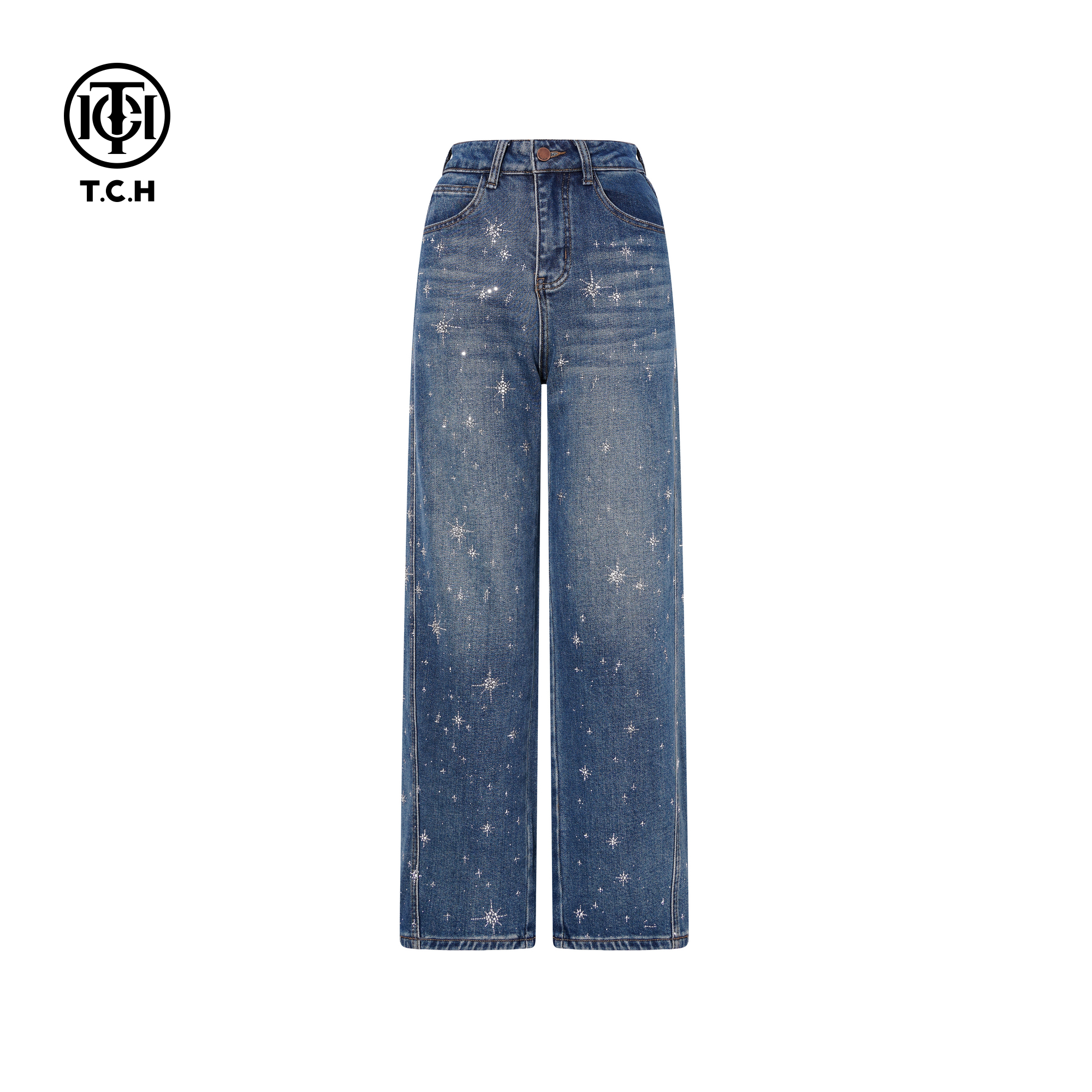 TCH私服2025秋冬新款慵懒风烫钻时尚蓝色阔腿牛仔裤女T75D20E1048