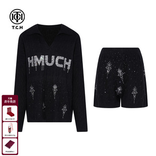 套装 TCH私服烫钻2025秋季 短裤 针织衫 女T75C07E1082 百搭老钱风时尚