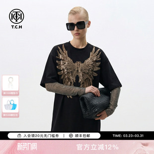 TCH宽松可拆卸袖 烫钻天使之翼黑色休闲T恤连衣裙女T78A30E1053