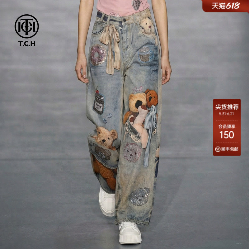 TCH烫钻小熊阔腿牛仔裤女春夏