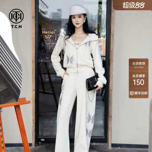 TCH白玉蝴蝶弹性松紧腰连帽拉链卫衣外套女休闲直筒裤套装(80%棉)