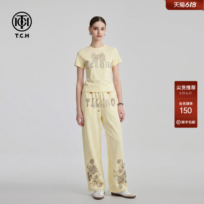 TCH烫钻蝴蝶甜美风套装女2026春夏新款短袖上衣弯刀休闲裤两件套