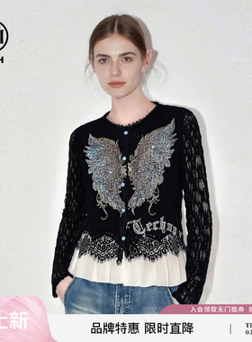 TCH收腰修身蕾丝雪纺拼接烫钻幻彩天使之翼针织开衫女T78A43E1051
