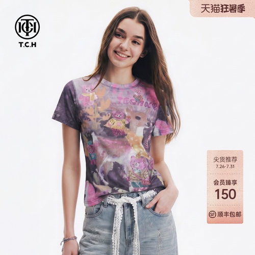 TCH小熊烫钻短袖T恤女2026夏季新款复古扎染印花修身显瘦正肩上衣
