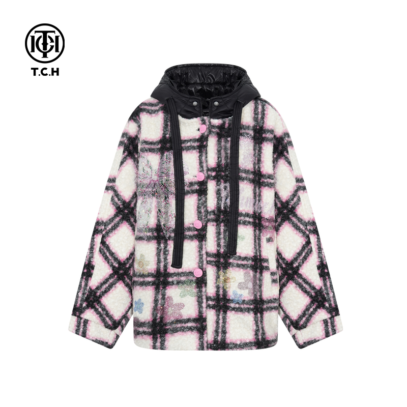 TCH私服烫钻时尚宽松小香风保暖毛毛外套25秋冬新款T75D27E1020A