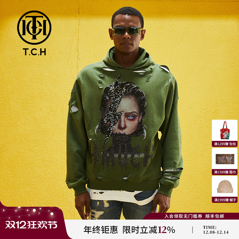 TCH烫钻人像套头连帽卫衣