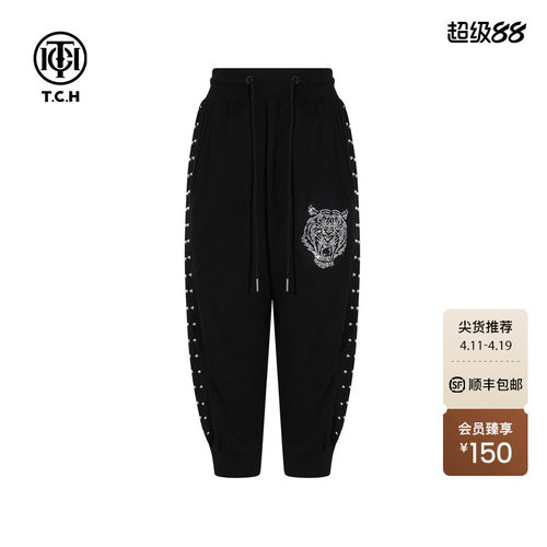 TCH烫钻时尚潮牌虎头运动裤休闲束腿短裤2025秋新款T75C21B9006