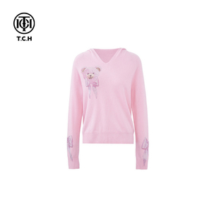 针织衫 TCH私服老钱风粉色小熊烫钻连帽2024年秋冬衫 T72C09E5045