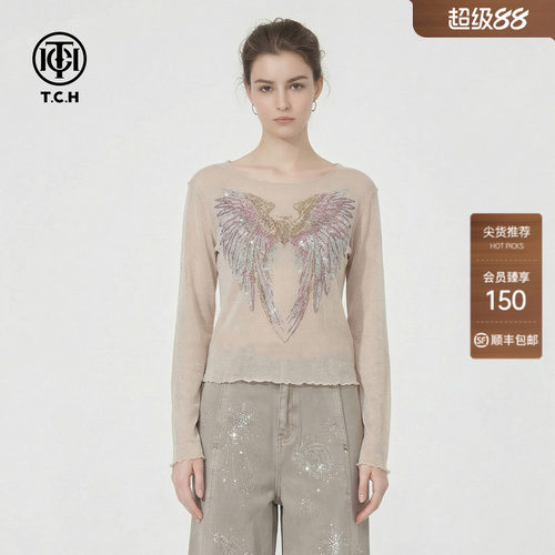 TCH2026春时尚翅膀烫钻修身微透轻熟风打底衫上衣女T78A02E1019A
