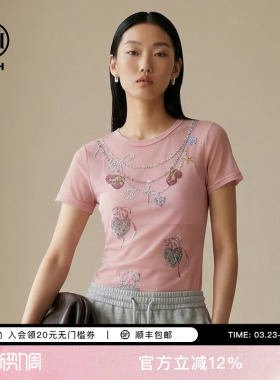 TCH甜酷风烫钻爱心短袖T恤女显瘦百搭圆领修身粉上衣T78A10E1056