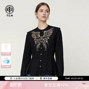 上衣女T78A13E1017 衬衫 TCH烫钻天使之翼黑色气质收腰修身 显瘦长袖