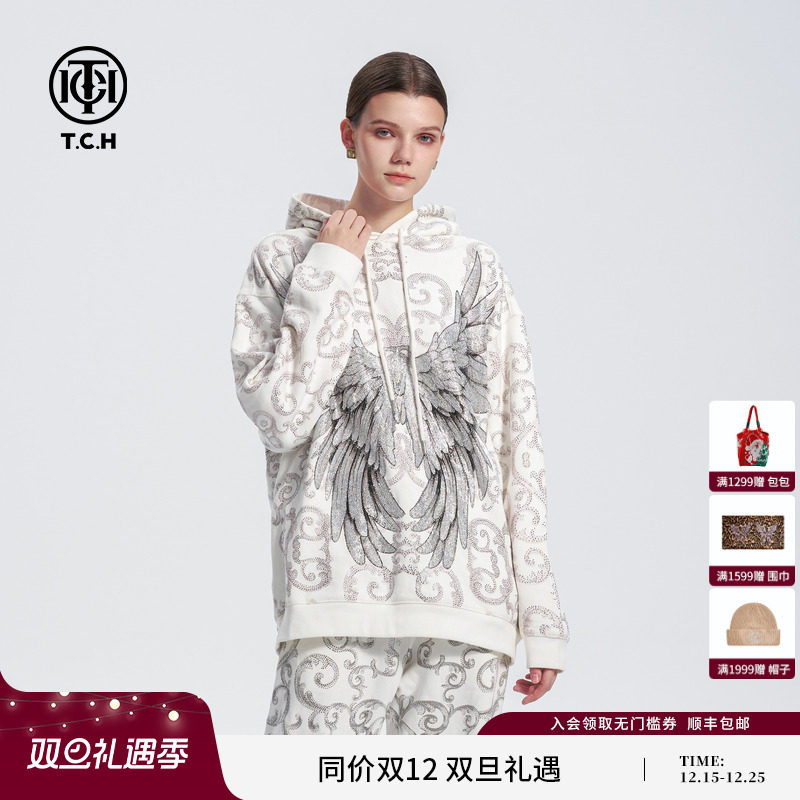 TCH烫钻图腾设计感翅膀休闲百搭潮牌连帽卫衣男女款2024秋冬新款