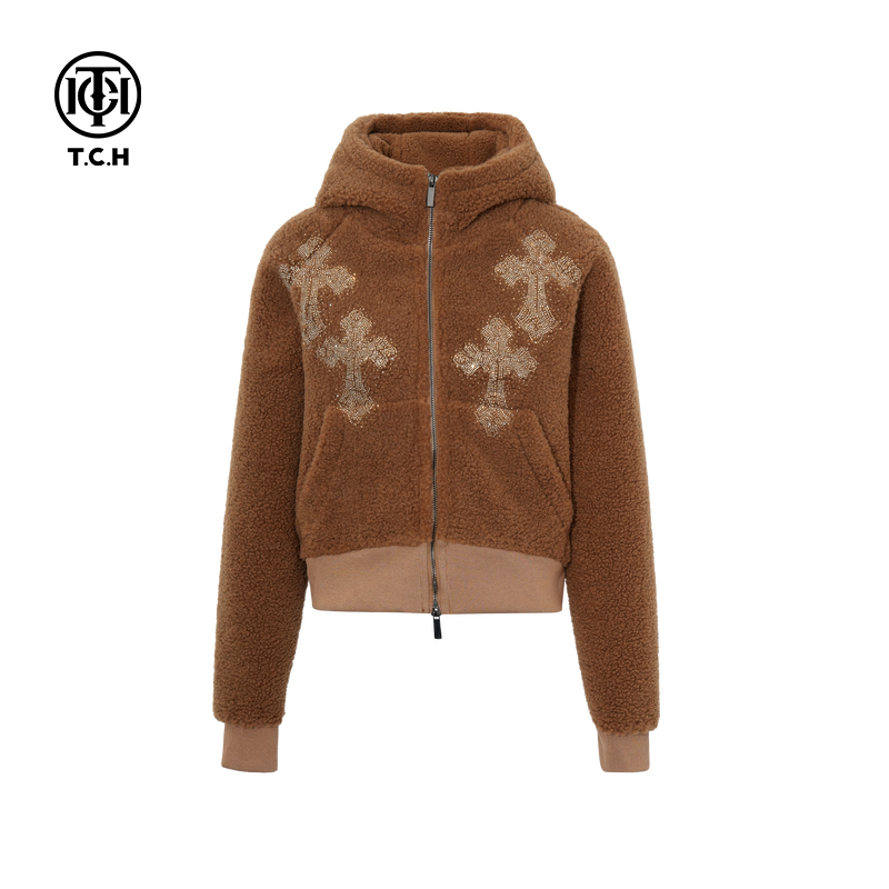 TCH私服烫钻时尚百搭保暖咖色连帽毛毛外套女25秋冬新T75D27E1014