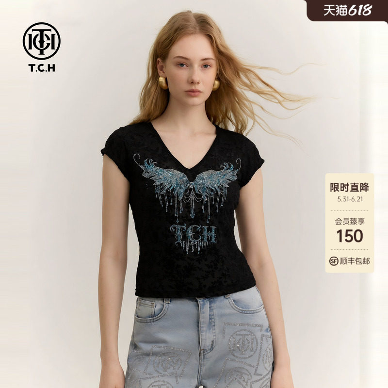 TCH设计感提花烫钻翅膀蕾丝T恤女2026夏新款V领修身辣妹短袖上衣