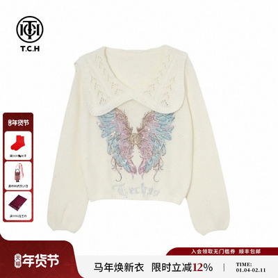 TCH26春季新款温柔风甜美烫钻羽翼娃娃领宽松针织衫女T78A09E1048
