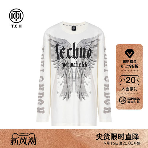 TCH轻奢潮牌翅膀烫钻休闲宽松圆领长袖T恤男女同款T75C08E902026