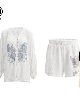 TCH烫钻翅膀白色长袖衬衫短裤两件套2026夏新款轻薄宽松垂感套装
