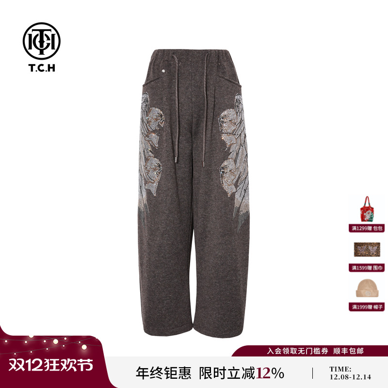 TCH2025冬季新款加厚时尚烫钻慵懒黑色直筒阔腿休闲裤T75D20E1191