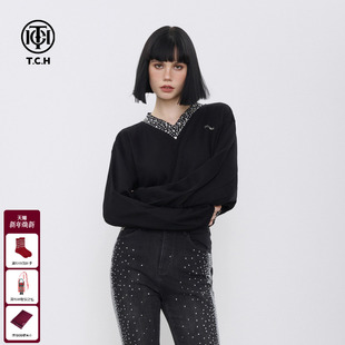 TCH潮牌高定手缝烫钻秋冬黑色短款 卫衣T69C11E6003