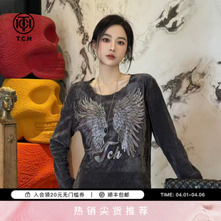 TCH气质百搭法式 女2026春季 新款 T78A02E1003 丝绒烫钻羽翼打底衫