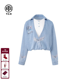 T75A13E5006 衬衣外套2025春夏新款 TCH私服百搭假两件衬衫 蓝色长袖