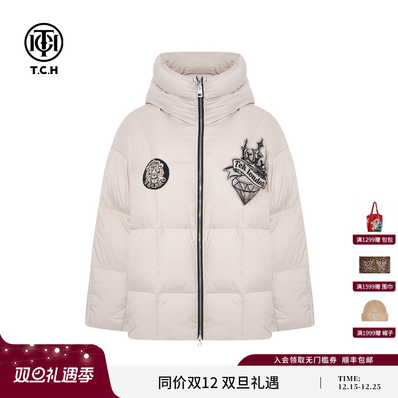 TCH潮牌烫钻连帽白鸭绒中长款羽绒服外套2025冬季新款T75C19E9017