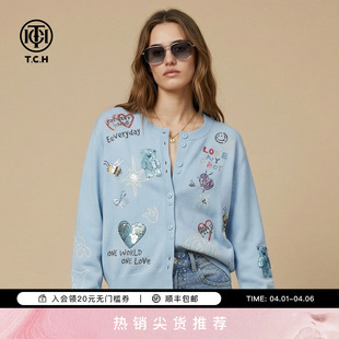 上衣2026春款 女T78A43E1111 针织开衫 TCH烫钻涂鸦蓝色休闲减龄薄款