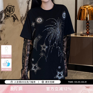 TCH烟花星星烫钻黑色蕾丝袖 T78A30E1025 宽松T恤连衣裙女春夏新款