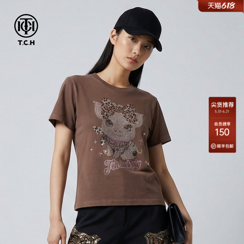 TCH甜酷辣妹风烫钻豹纹猪复古做旧修身圆领短袖T恤女T78A10E1046