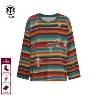 TCH私服烫钻25秋冬新款 女T75C09E1157 复古休闲百搭显瘦条纹针织衫