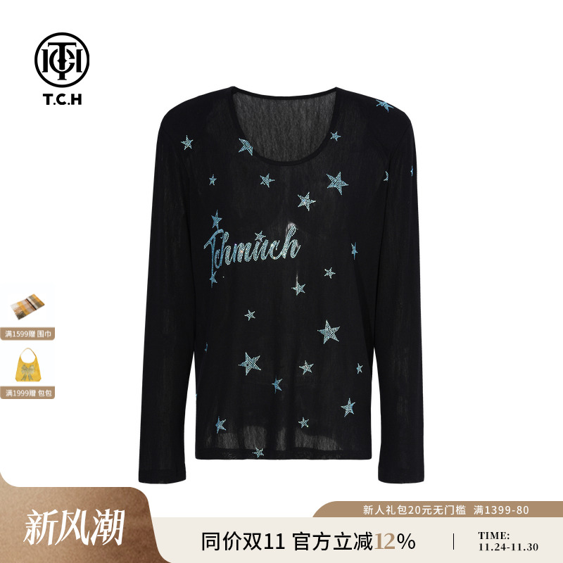 TCH私服烫钻潮流宽松休闲显瘦轻薄针织衫女25秋季新款T75C09E5017