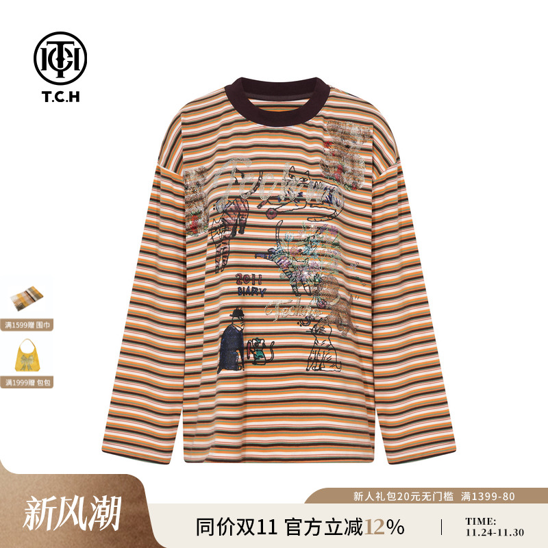 TCH2025秋冬新款时尚烫钻条纹休闲宽松减龄长袖T恤女T75D08E1006