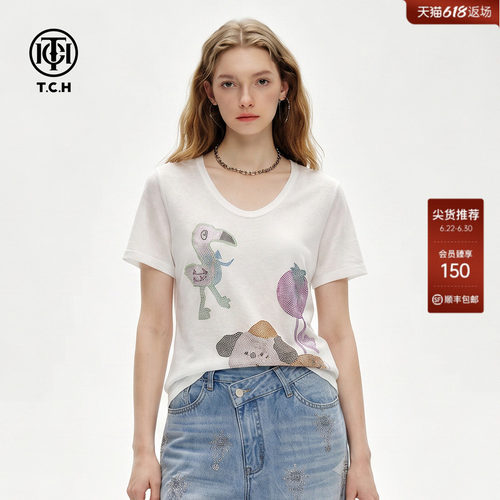 TCH卡通烫钻短袖T恤女可爱显瘦