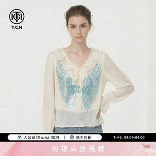 TCH蓝调翅膀烫钻仙气荷叶边V领喇叭袖 女T78A13E1023 米白蕾丝衬衫