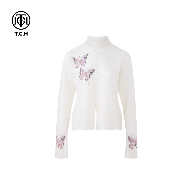 TCH私服潮牌烫钻蝴蝶白色高领针织衫2024秋冬新款T72C09E5166