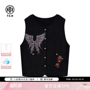 TCH时尚 圆领上衣女T75D09E5042 烫钻黑色针织马甲女秋冬叠穿开衫
