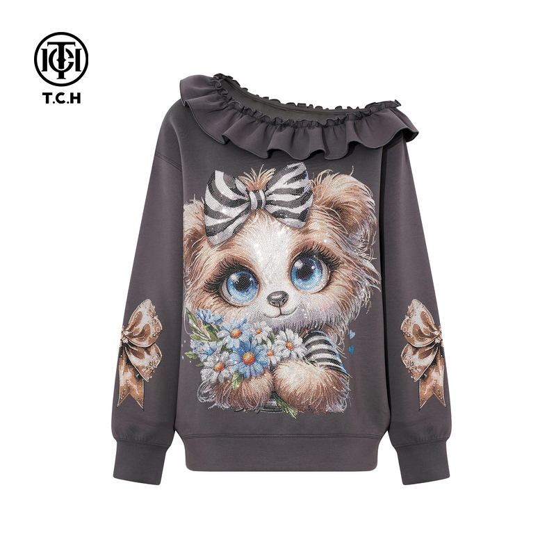 TCH轻奢潮牌烫钻小熊时尚款娃娃领甜酷卫衣女秋冬新款T75C11E9017