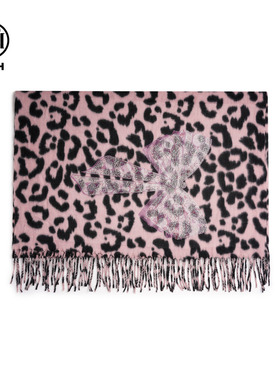 TCH轻奢粉色豹纹烫钻蝴蝶结围巾女25秋冬百搭流苏披肩T75D45E5007