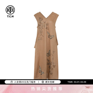 连衣裙女T75B30E5178 TCH烫钻亚麻设计感洋气慵懒宽松显瘦长款